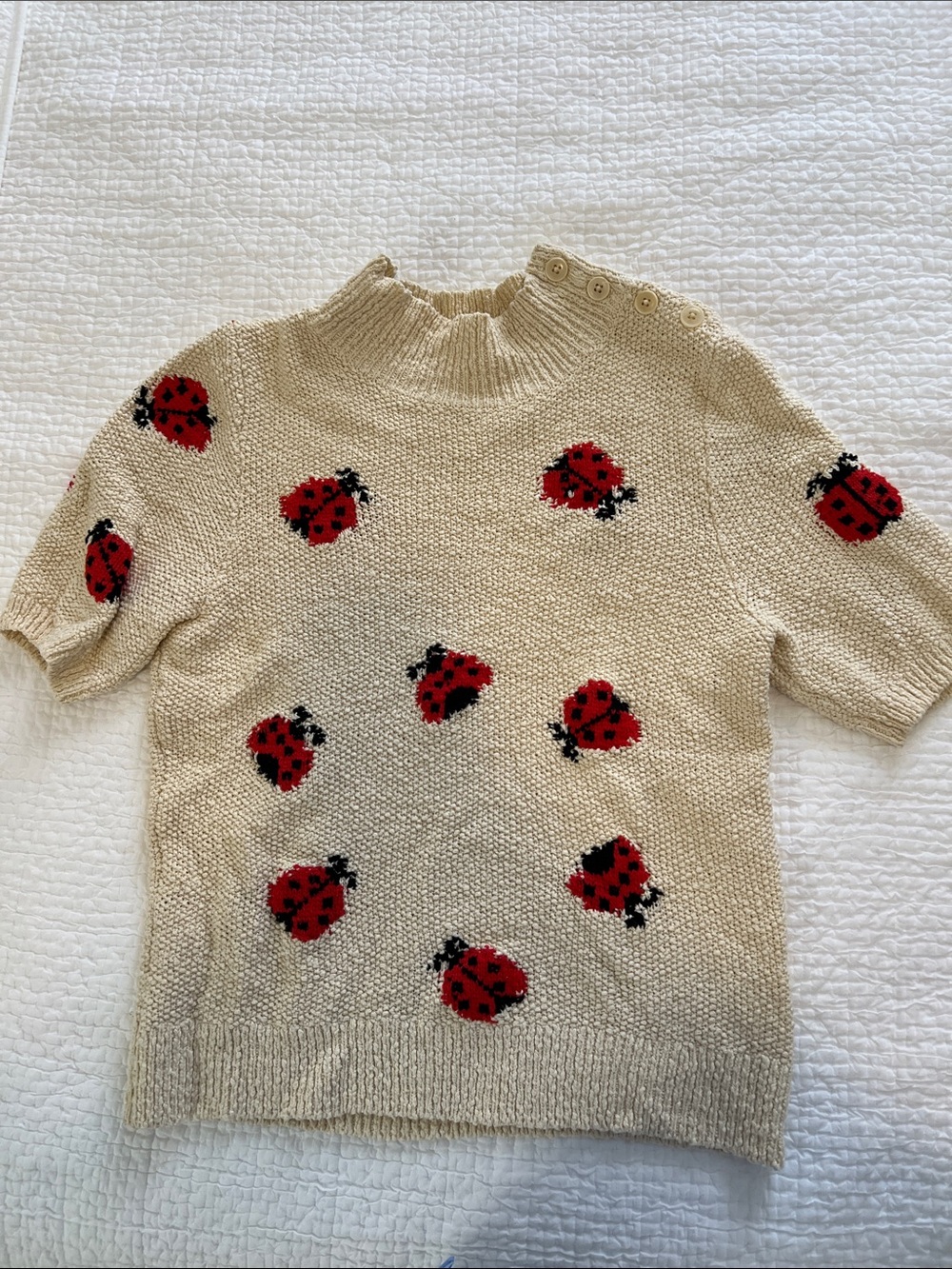 Anthropologie Maeve Cream Ladybug Short-Sleeve Turtleneck Sweater - Picture 4 of 7